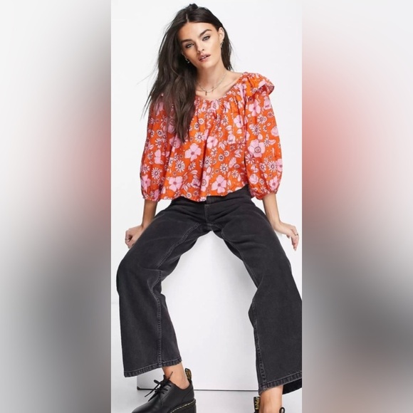Free People Miss Daisy floral printed smock blouse in pink Floral Orange Size/M - Picture 4 of 10